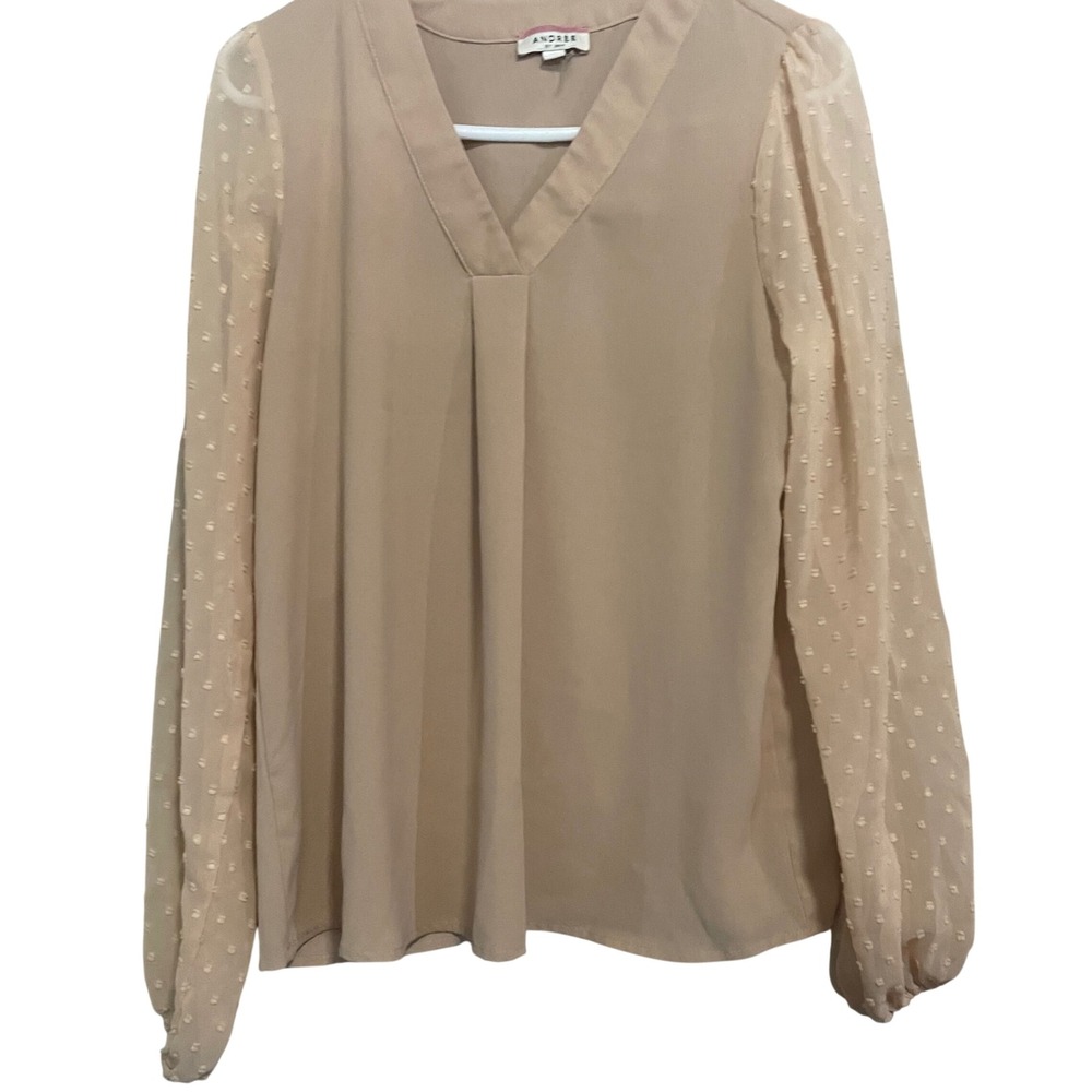 ANDREE BY UNIT Womens Nude Dotted Mesh Sleeve V Neck Blouse Top Size S